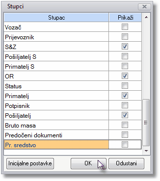 Izbor vidljivih stupaca u pregledniku NCTS dokumenata